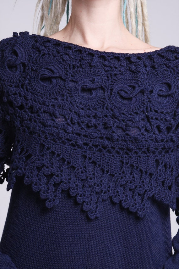 CrochetDressTalita Crochet Navy Dress Asymmetric Blue Dress Handmade Midi Dress Crochet Navy Dress Knit Collar Dress Crochet Blue Dress Knit Sleeves Blue Dress