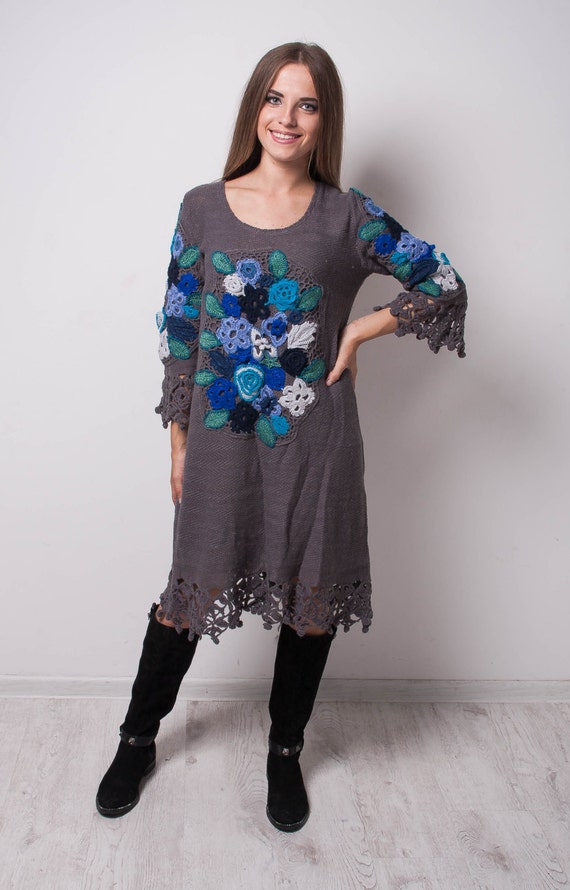 Crochet Grey Tunic KNITTED Lace Tunic CROCHET Women dress | Etsy