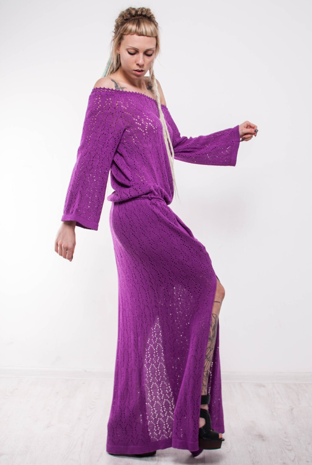 Crochet Maxi Dress Knit Maxi Lilac Dress off Shoulder Crochet Etsy