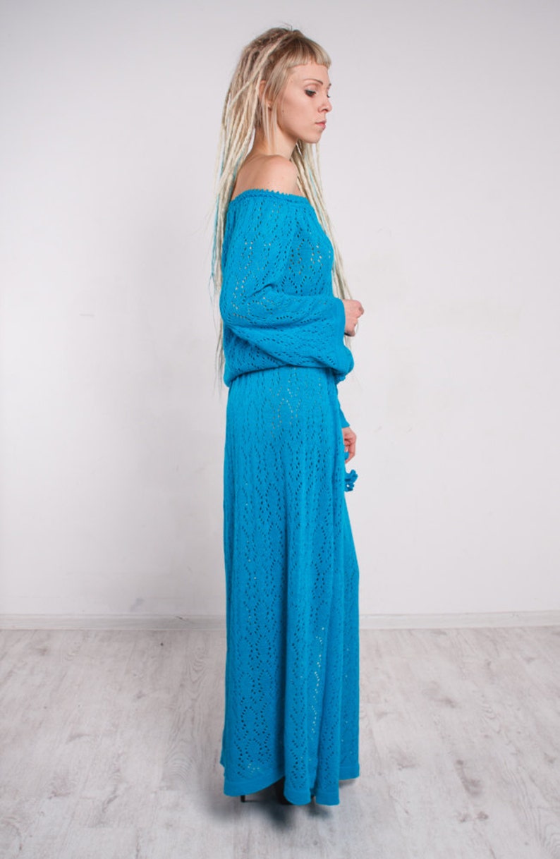Turquoise Maxi Dress Knit Maxi Dress off Shoulder Crochet Dress Long Sleeves Crochet Dress Slits ...