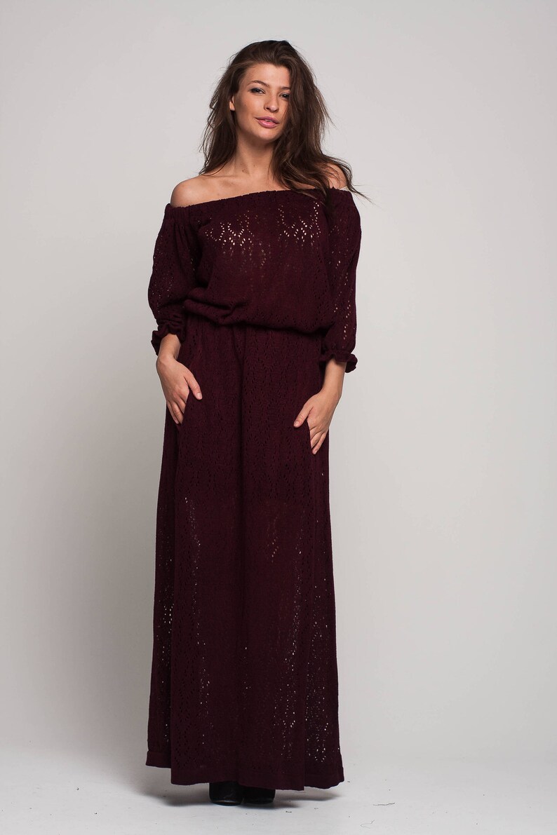 maroon off the shoulder long sleeve dress