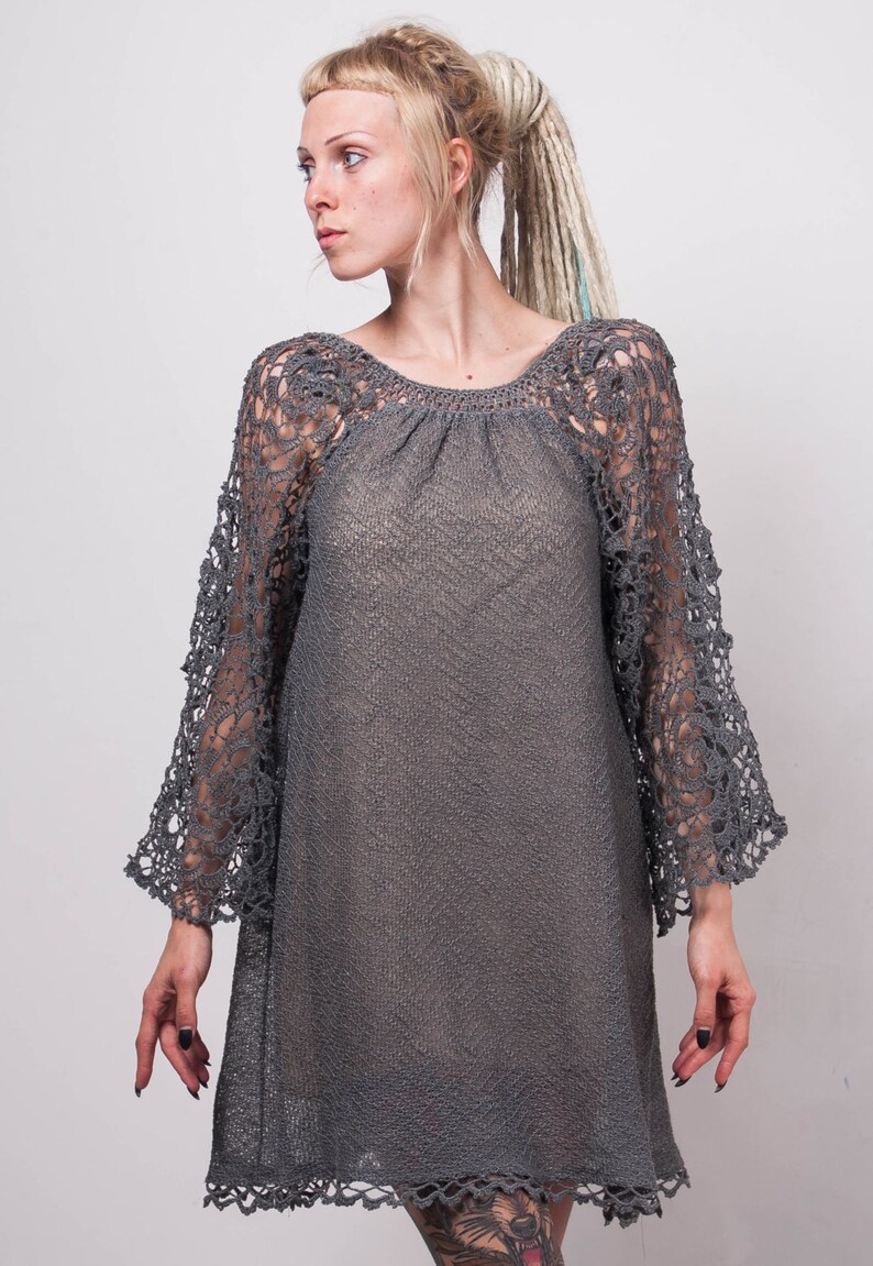 Crochet Ethnic Dress KNIT Grey Linen Tunic CROCHET Lace Women Dress ...