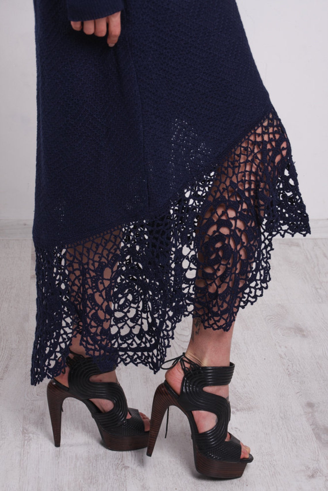 CROCHET Navy Dress Asymmetric Blue Dress Maxi Lace Dress Etsy