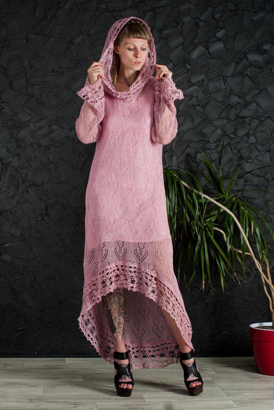 Crochet Pink Dress Lace Hoodie Dress Biggin Lacy Tunic