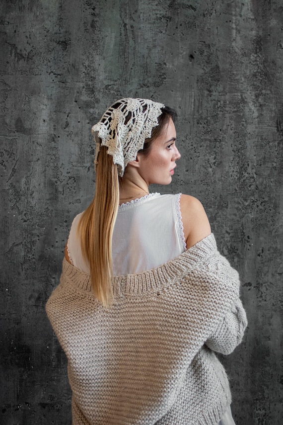 Crochet Boho Kerchief Hemp Lace Head Bandana Cottagecore Summer