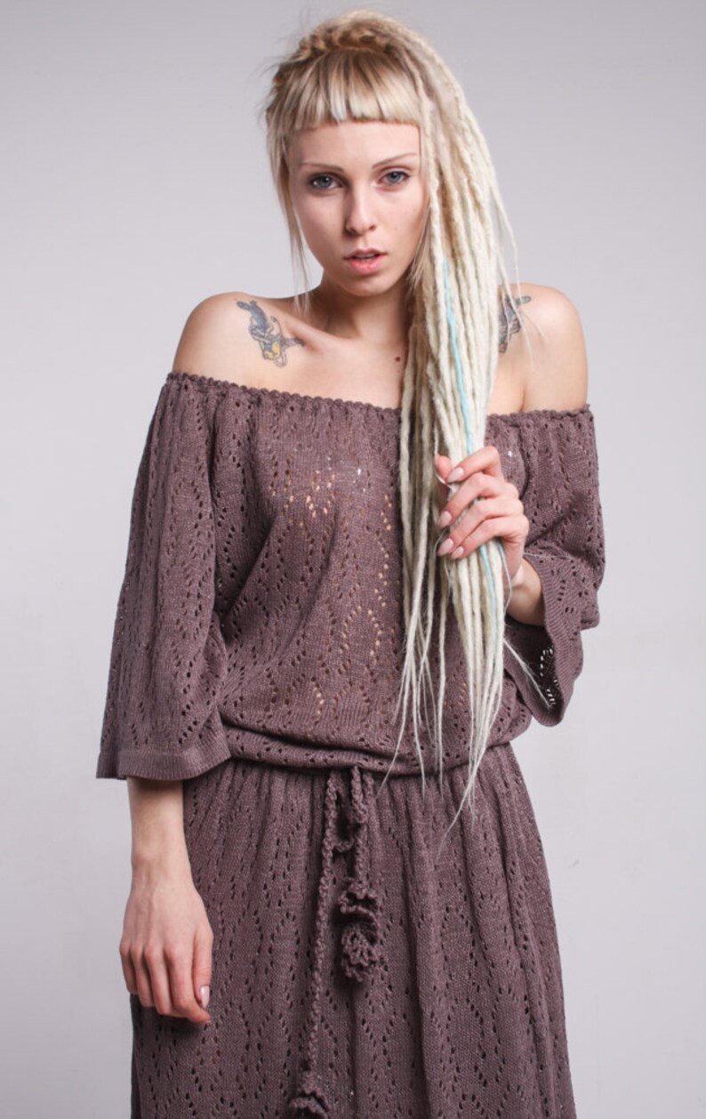 Mocha Sleeved Thread Detail Dress