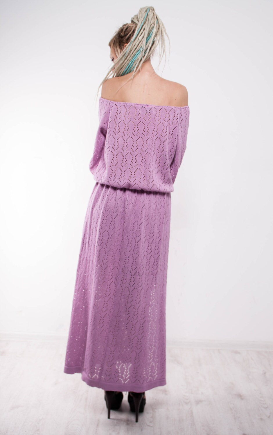 Crochet Maxi Dress Knit Pink Maxi Dress off Shoulder Maxi Dress Long Sleeves Crochet Dress Slits