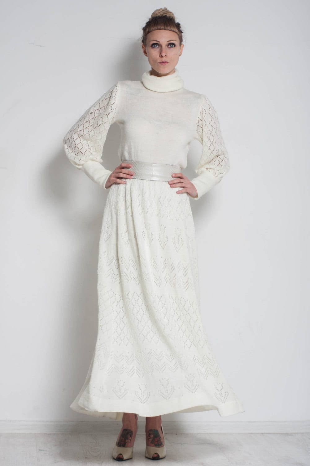 white lace crochet high neck midi dress White Crochet Lace Dress - Lace-Up Midi Dress - White Midi Dress