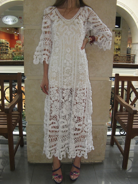 Crochet Maxi Dress Handmade White Dress Wedding Dress Crochet Etsy