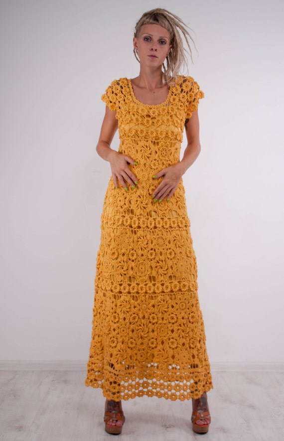 Crochet maxi dress Handmade formal dress ready to ship party lace dress Handmade yellow linen dress Crochet Beachwear Crochet evening gown