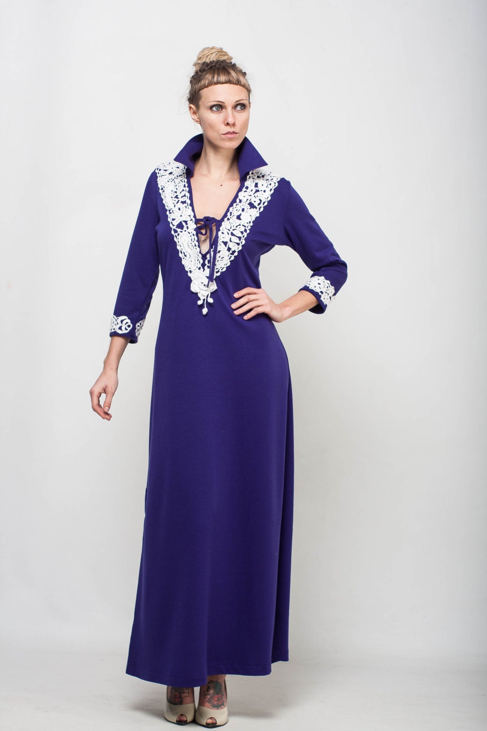 Formal Blue Dress Lace Crochet Dress Collar Prom Dress Long - Etsy
