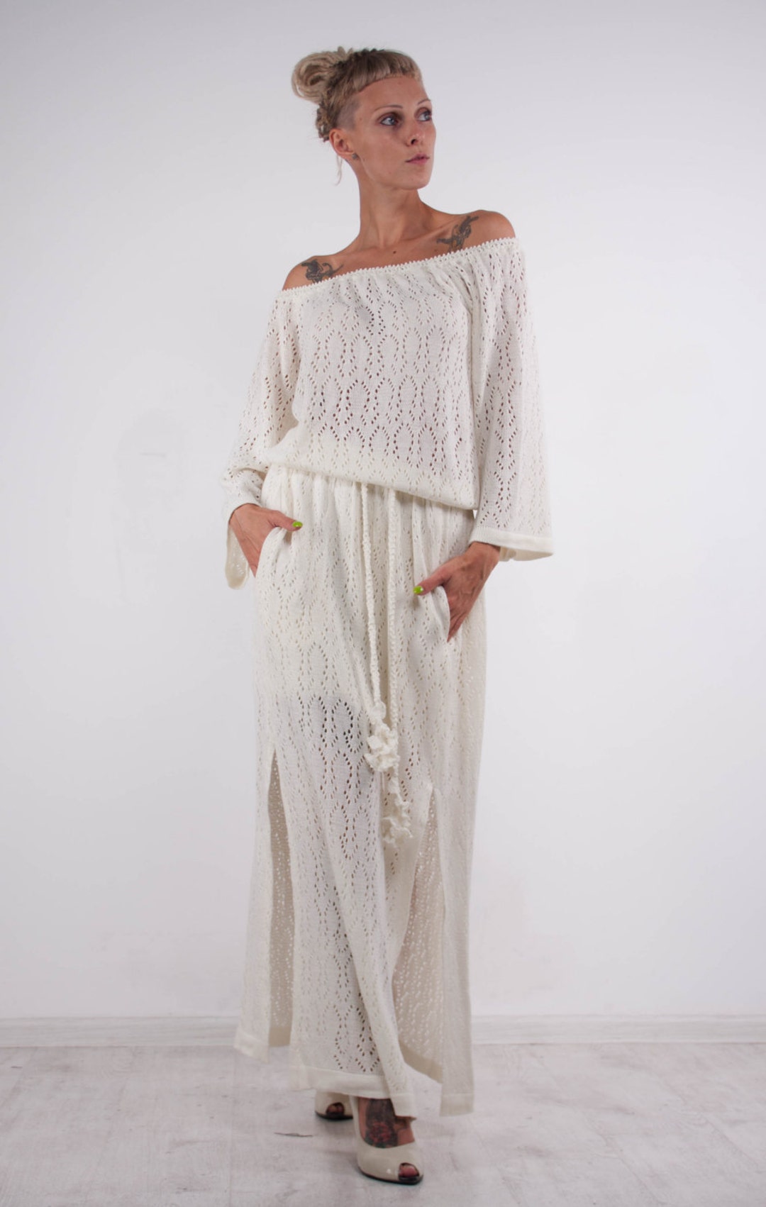 White off the Shoulder Dress Crochet White Dress KNIT Wedding Maxi ...