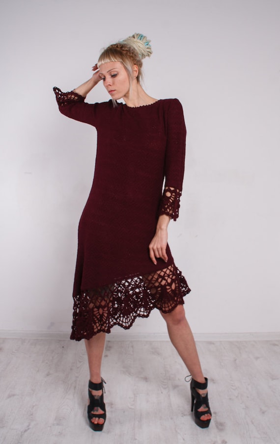 Crochet Mini Dress Knitted Lacy Dress Crochet Marsala Dress Evening Lace  Dress Handmade Viscose Dress Asymmetrical Bordeaux Openwork Dress - Etsy