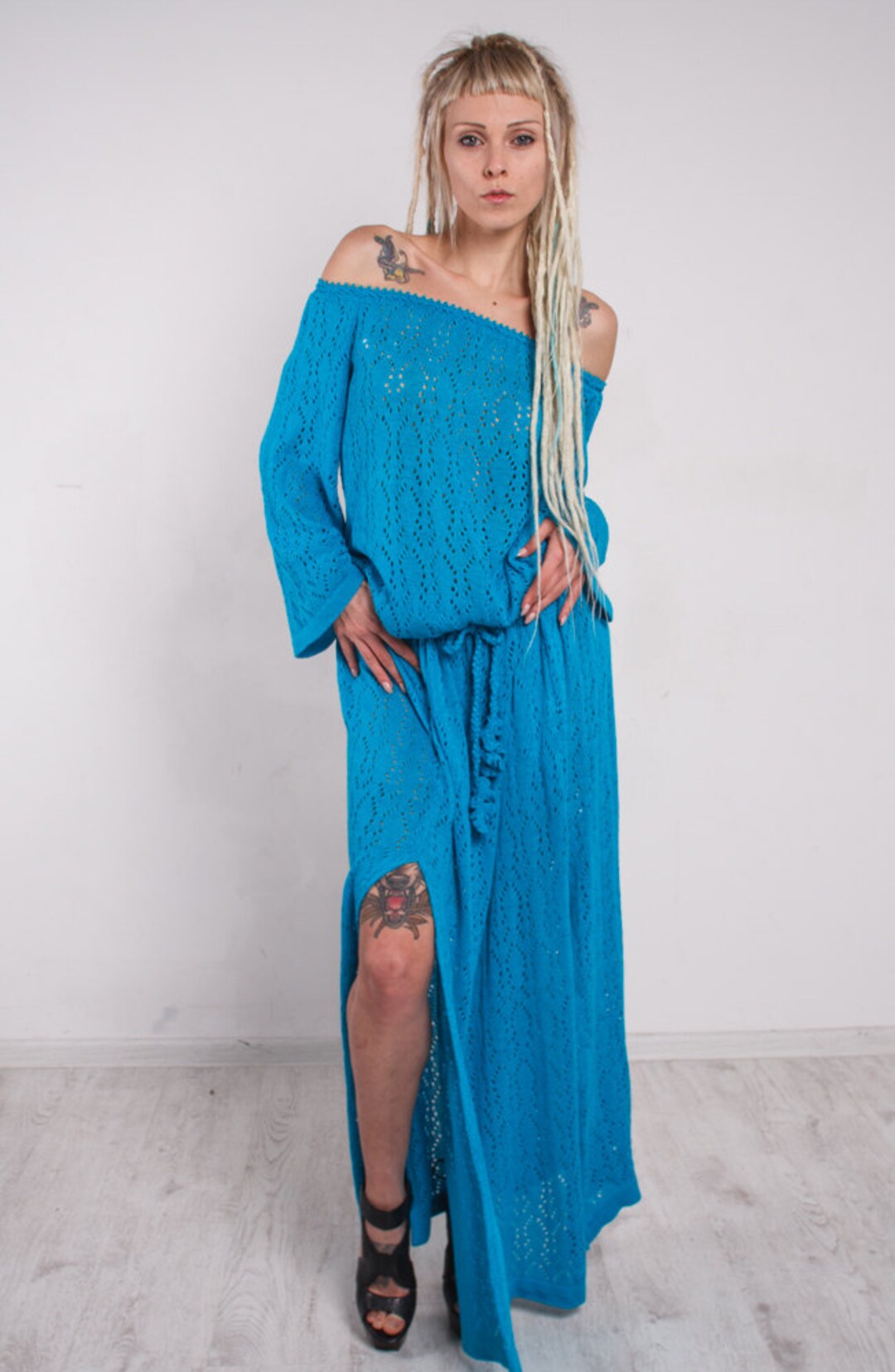 Turquoise Maxi Dress Knit Maxi Dress off Shoulder Crochet Dress Long Sleeves Crochet Dress Slits ...