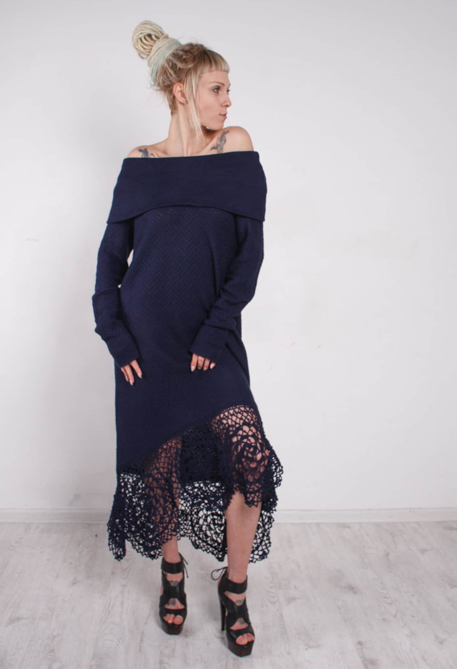 CROCHET Navy Dress Asymmetric Blue Dress Maxi Lace Dress Etsy