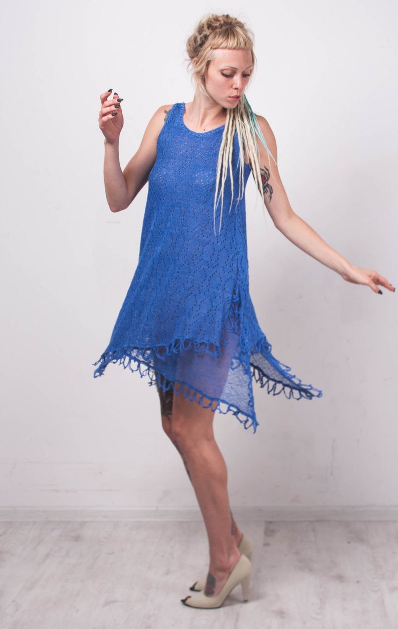 Crochet Ethnic Dress KNIT Blue Linen Tunic CROCHET Lace Women Etsy