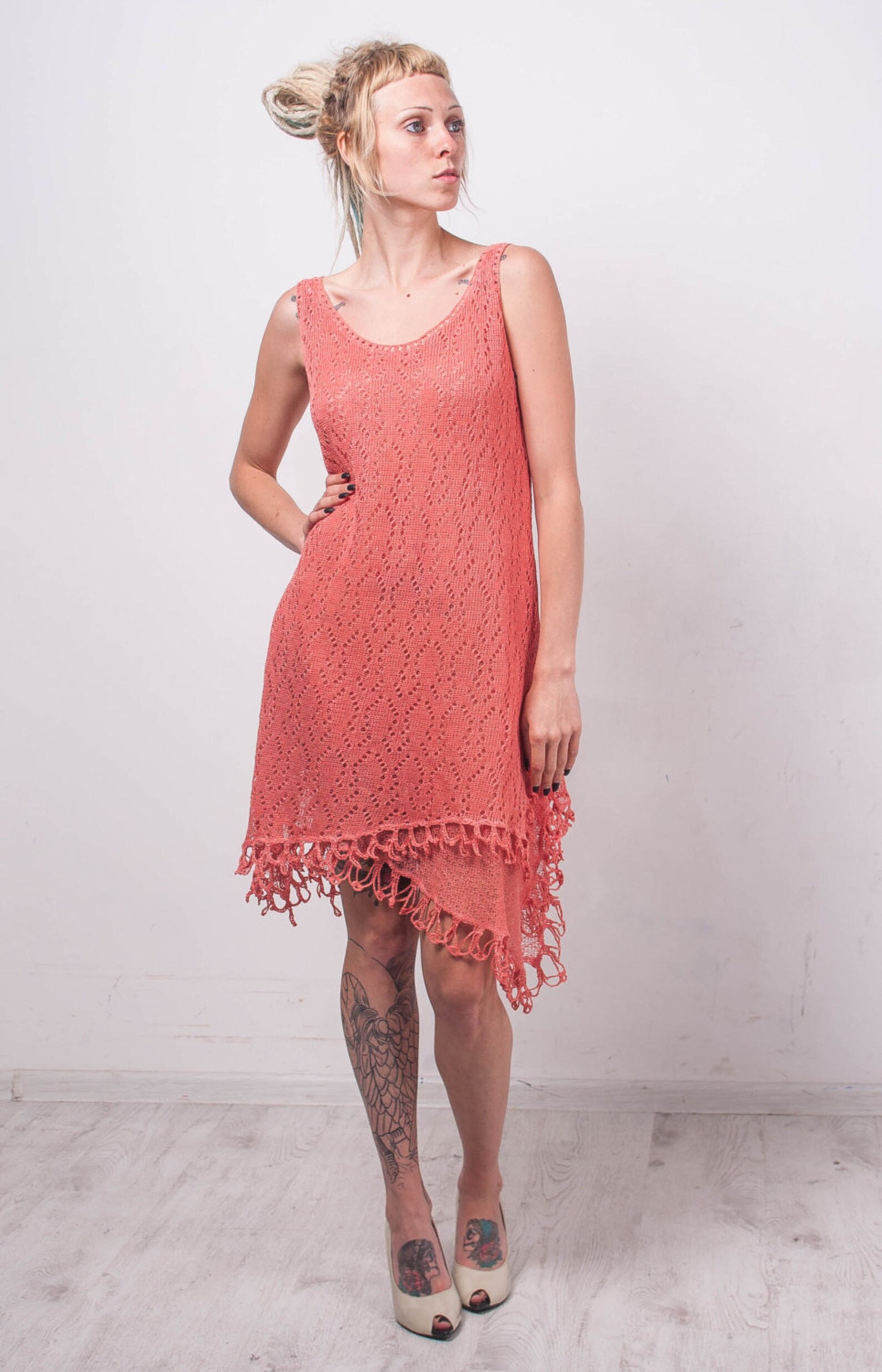 Crochet Ethnic Dress KNIT Coral Linen Tunic CROCHET Lace Women Dress ...