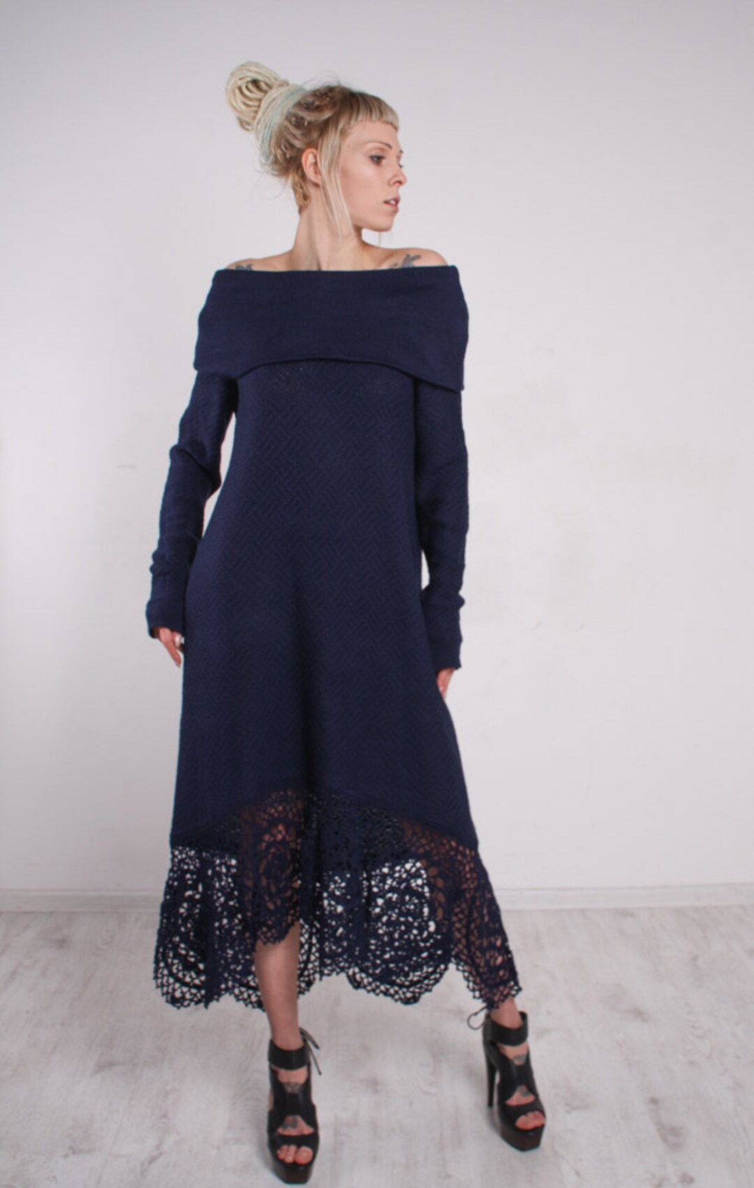 Crochet navy Dress asymmetric blue Dress Maxi lace Dress Crochet navy Dress KNIT blue Dress off shoulder Dress KNIT sleeves navy Dress