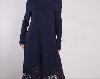 CROCHET navy Dress asymmetric blue Dress Maxi lace Dress Crochet navy Dress KNIT blue Dress off shoulder Dress Knit sleeves navy Dress