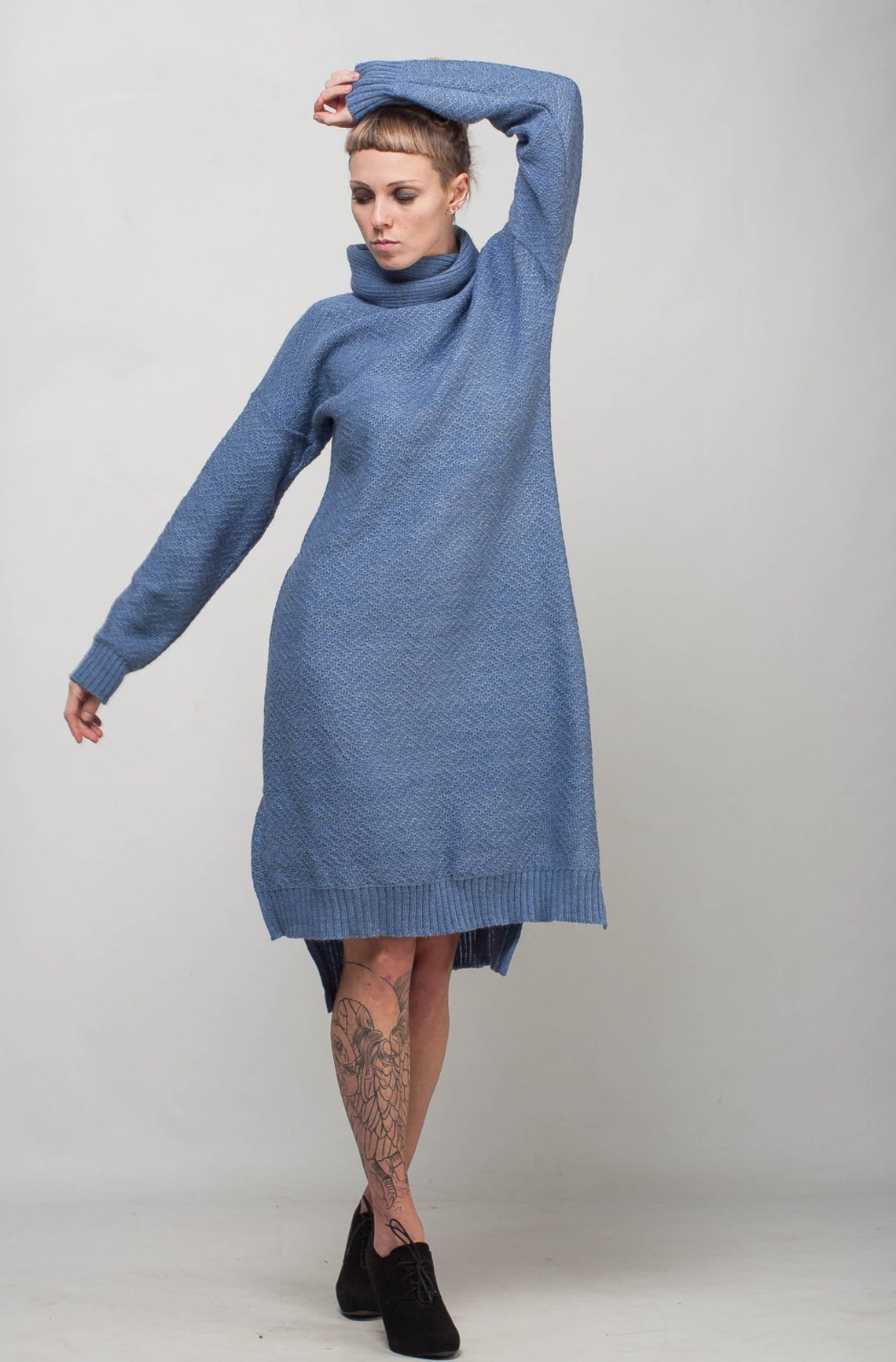 Turtleneck Crochet Dress Midi Oversize Dress Blue Dress Knit Etsy