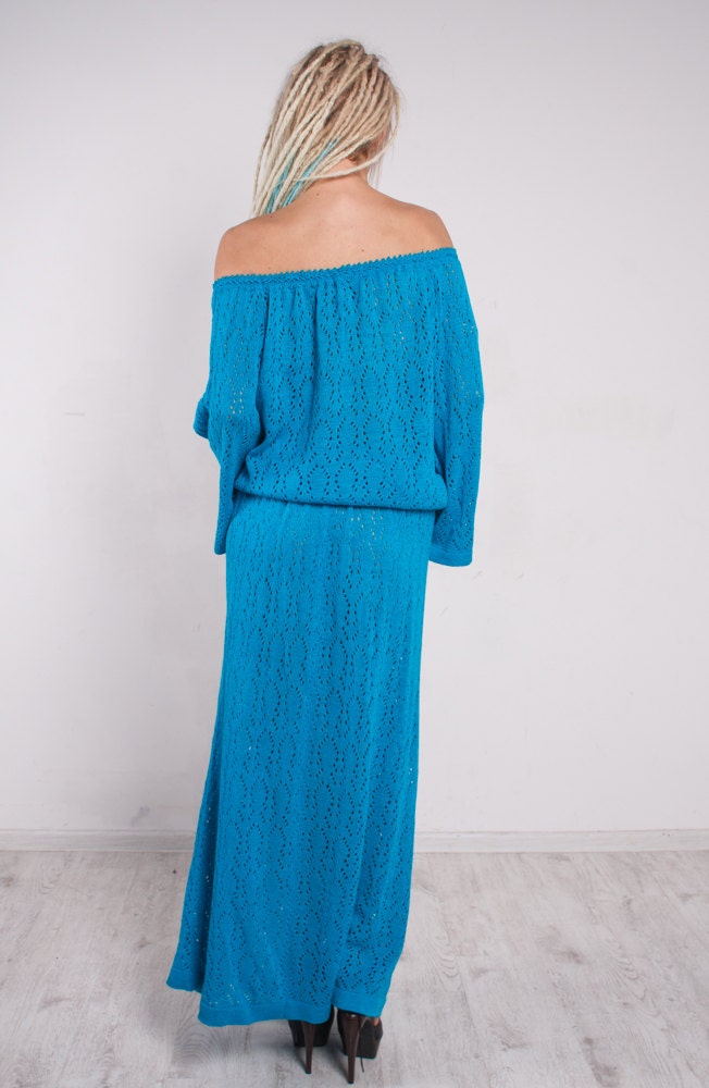 Turquoise Maxi Dress Knit Maxi Dress off Shoulder Crochet Dress Long Sleeves Crochet Dress Slits ...