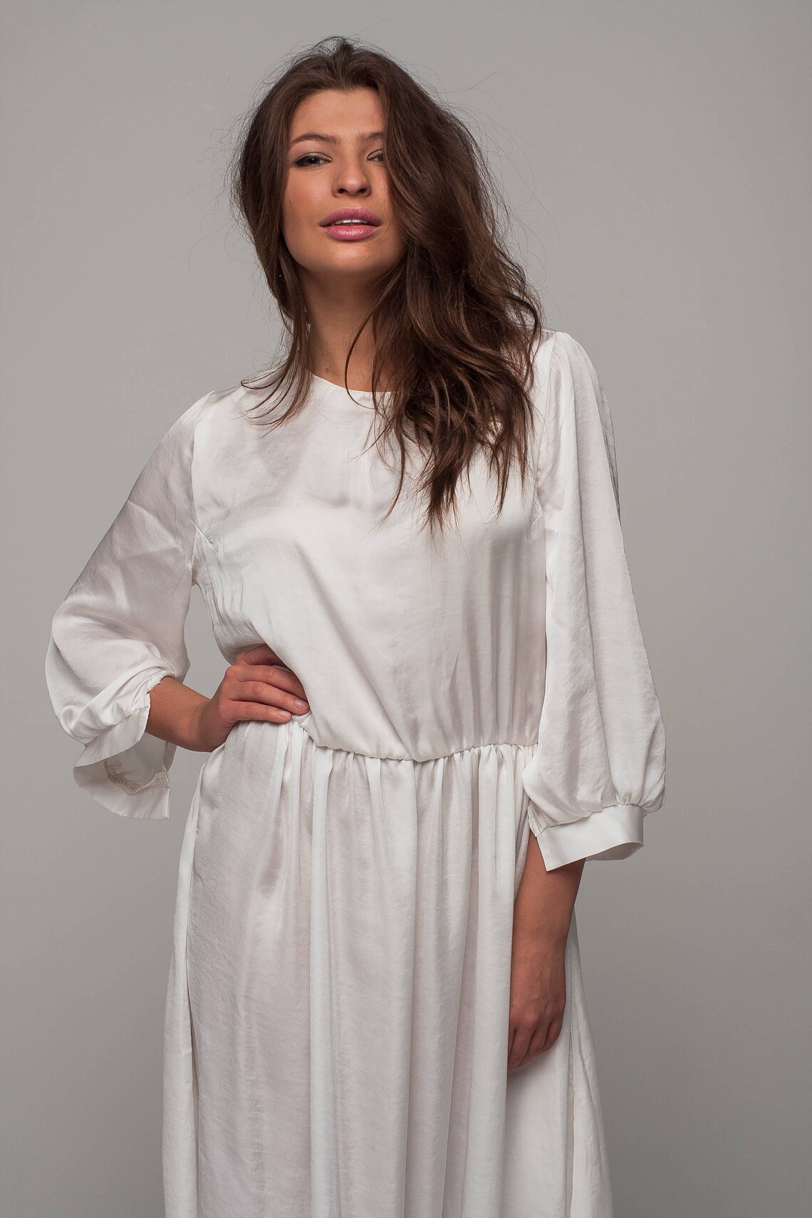 White bridal dress Silk loose dress Bridesmaid midi dress