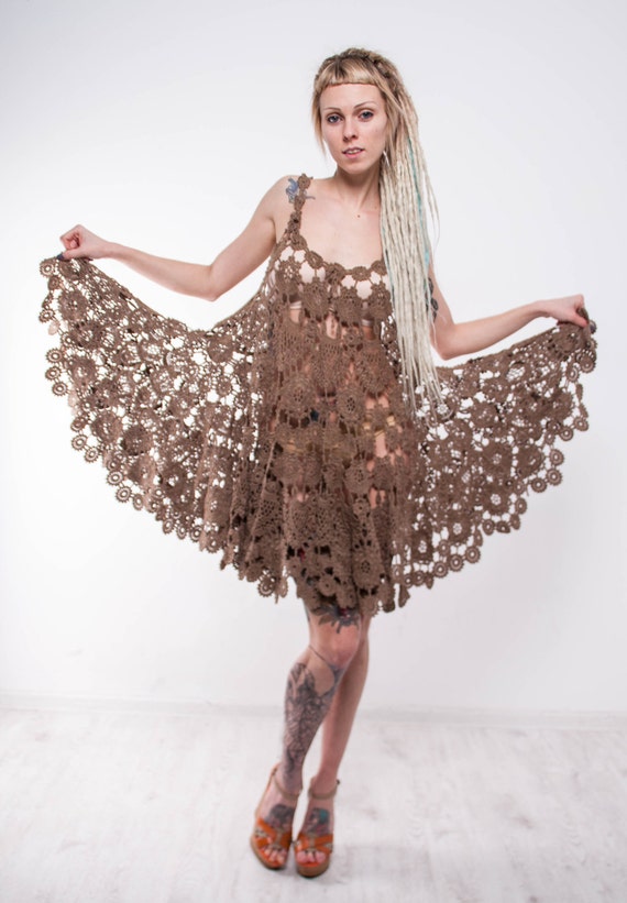 Brown Crochet dress walnut dress Irish lace dress prom crochet sundress beige crochet sundress sleeveless crochet dress lace beige sundress - Summer Crochet