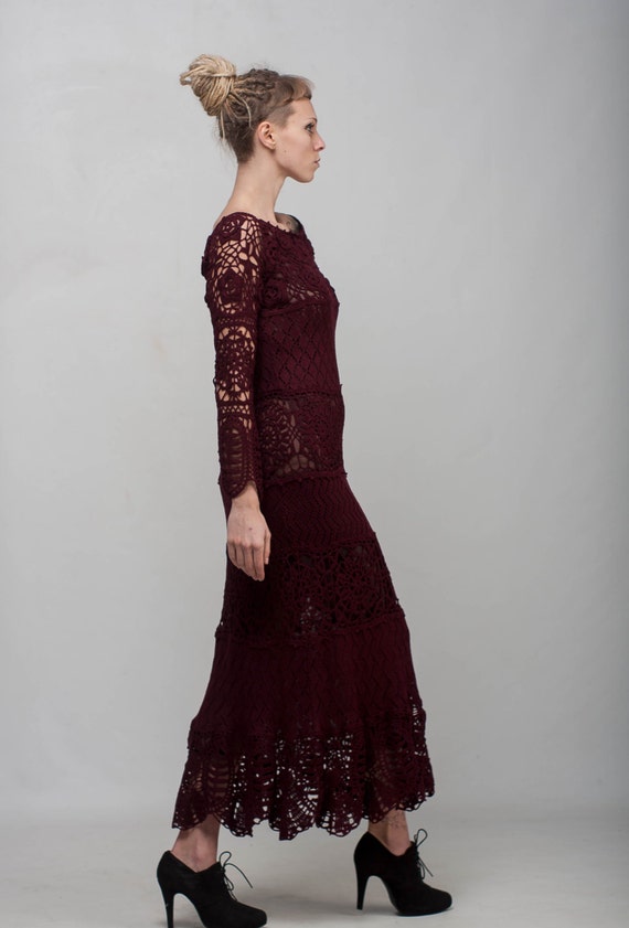 Buy Marsala Formal Dress Burgundy Lace Dress Maxi Long Sleeve Dress Crochet  Lacy Dress Maroon off Shoulder Dress Crochet Evening Floor Gown Online in  India - Etsy