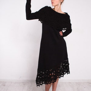 CROCHET black Dress asymmetric black Dress Midi lace Dress Crochet black Dress KNIT collar Dress lacy black Dress Knit sleeves black Dress