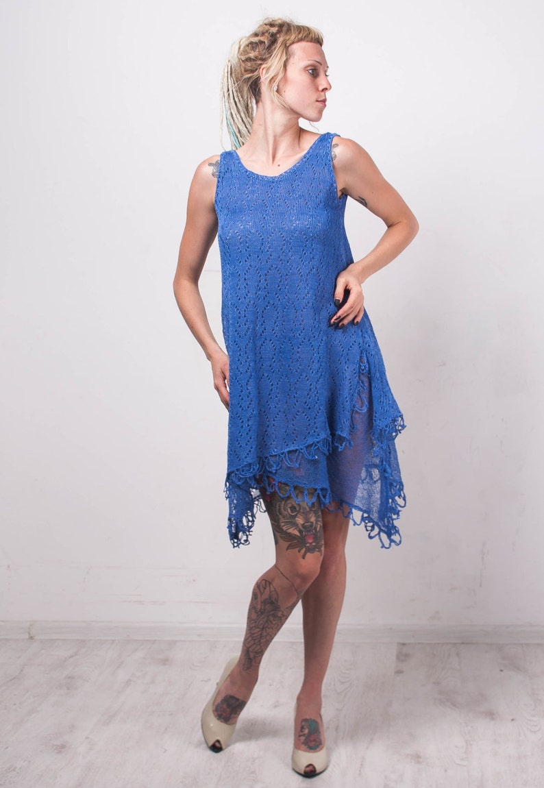Crochet Ethnic Dress KNIT Blue Linen Tunic CROCHET Lace Women Etsy