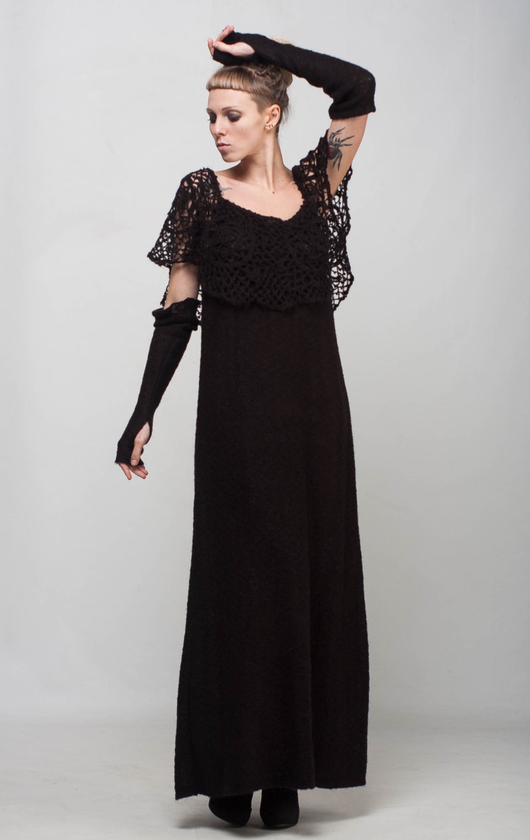 Black Crochet Maxi Dress off Shoulder Mohair Lace Dress Long Sleeve Evening Dress Handmade Prom Dress