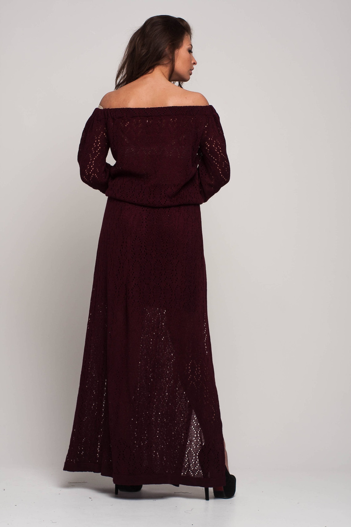 maroon off the shoulder long sleeve dress