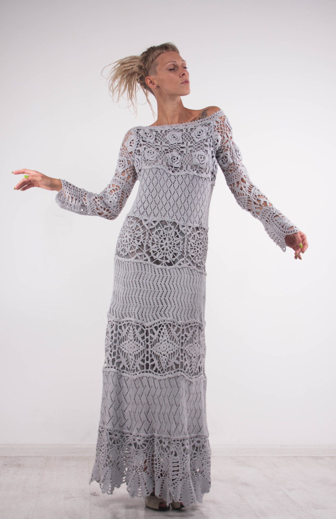 Crochet Lace off Shoulder Dress Grey Maxi Dress Long Sleeves - Etsy