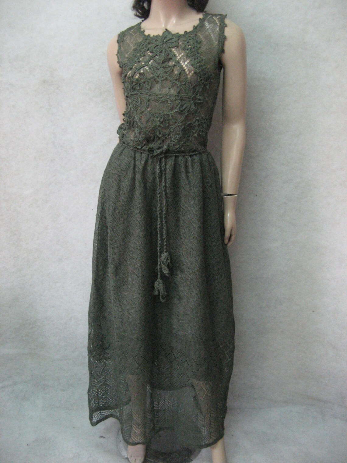 KNITTED Dress,emerald Green Linen Dress, Maxi Dress,cocktail Crocheted