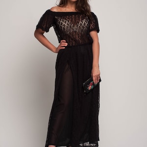 Black off shoulder maxi dress Knit floor mohair dress crochet black dress short sleeve lace dress flared loose dress pockets long dress