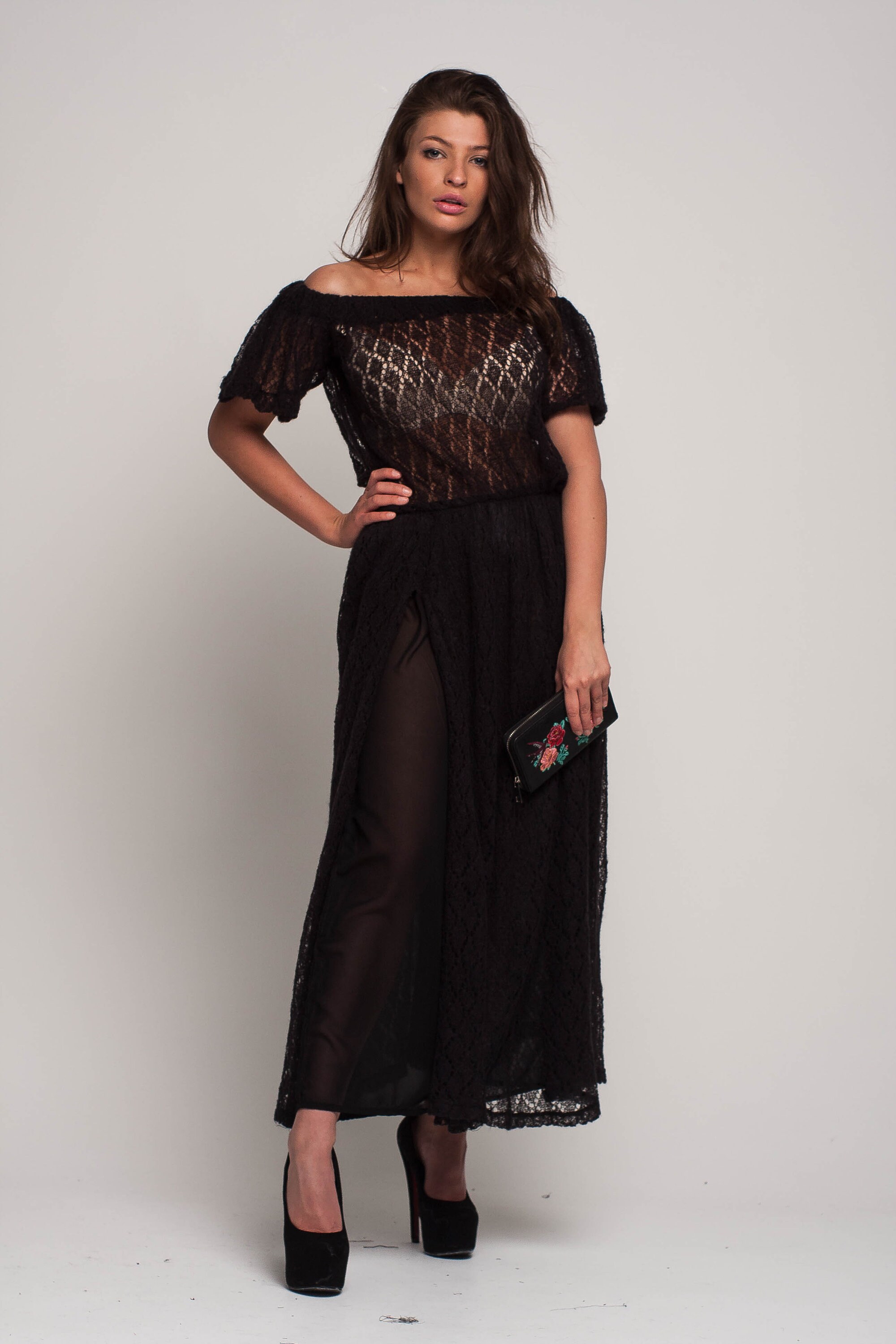 Black off Shoulder Maxi Dress Knit Floor Mohair Dress Crochet - Etsy
