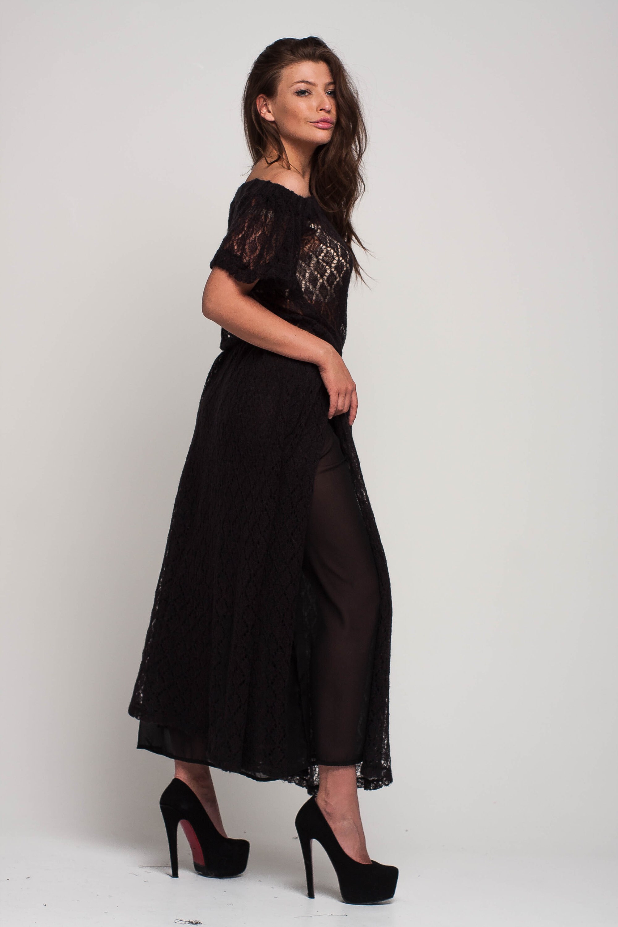 Black off Shoulder Maxi Dress Knit Floor Mohair Dress Crochet - Etsy