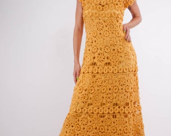 Crochet maxi vestido hecho a mano vestido formal listo para enviar fiesta encaje vestido hecho a mano vestido de lino amarillo vestido crochet playa traje vestido de noche de ganchillo