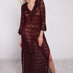 Crochet Dress Knit marsala dress Maxi bordeoux Dress Maxi Beach Lacy Dress Handmade Burgundy Dress Viscose Summer Long dress Beachwear Dress