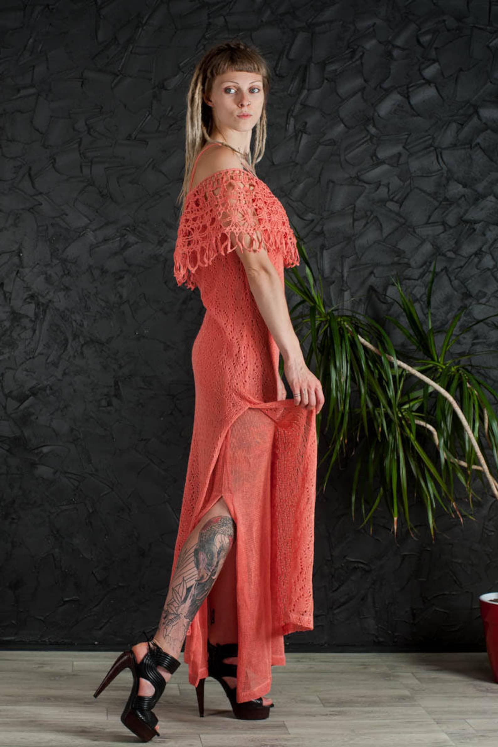Off Shoulder Prom Dress Coral Maxi Dress Bridal Crochet - Etsy