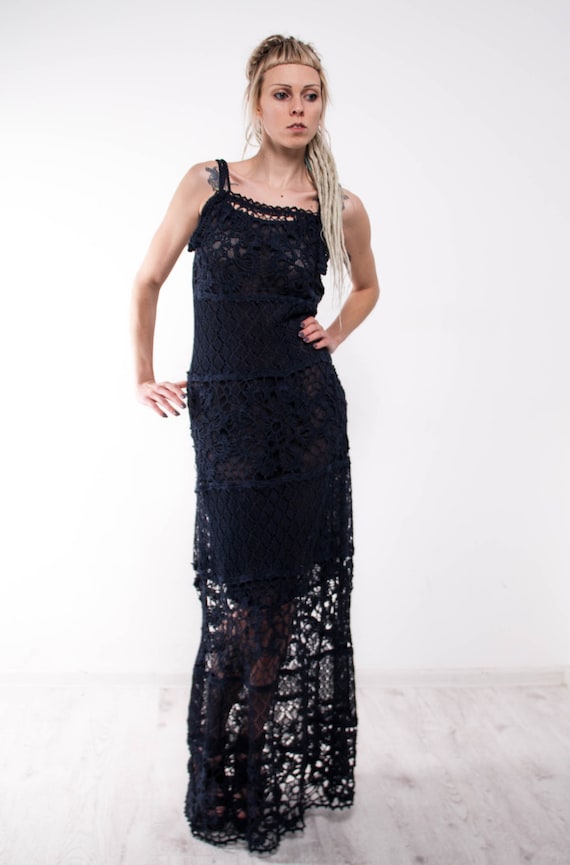 navy lace crochet dress Ariane dark-blue floral crochet-lace midi dress L / Blue
