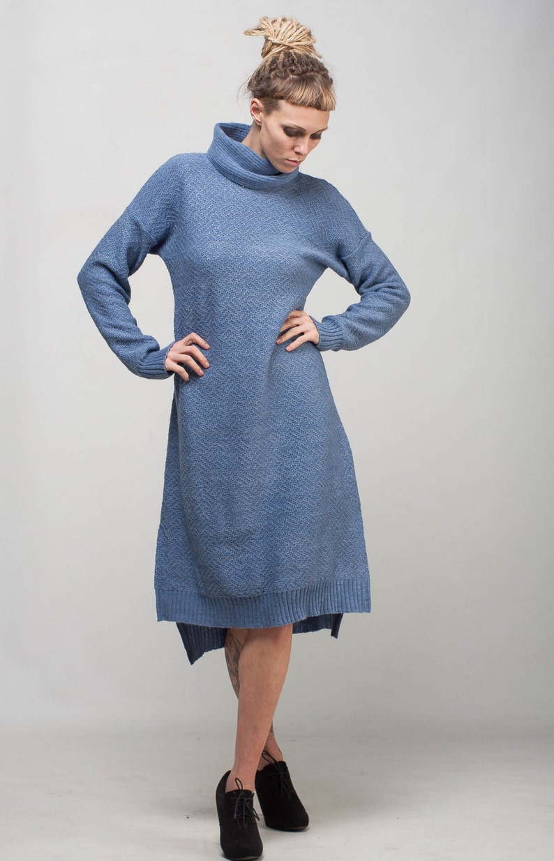Turtleneck Crochet Dress Midi Oversize Dress Blue Dress Knit Etsy
