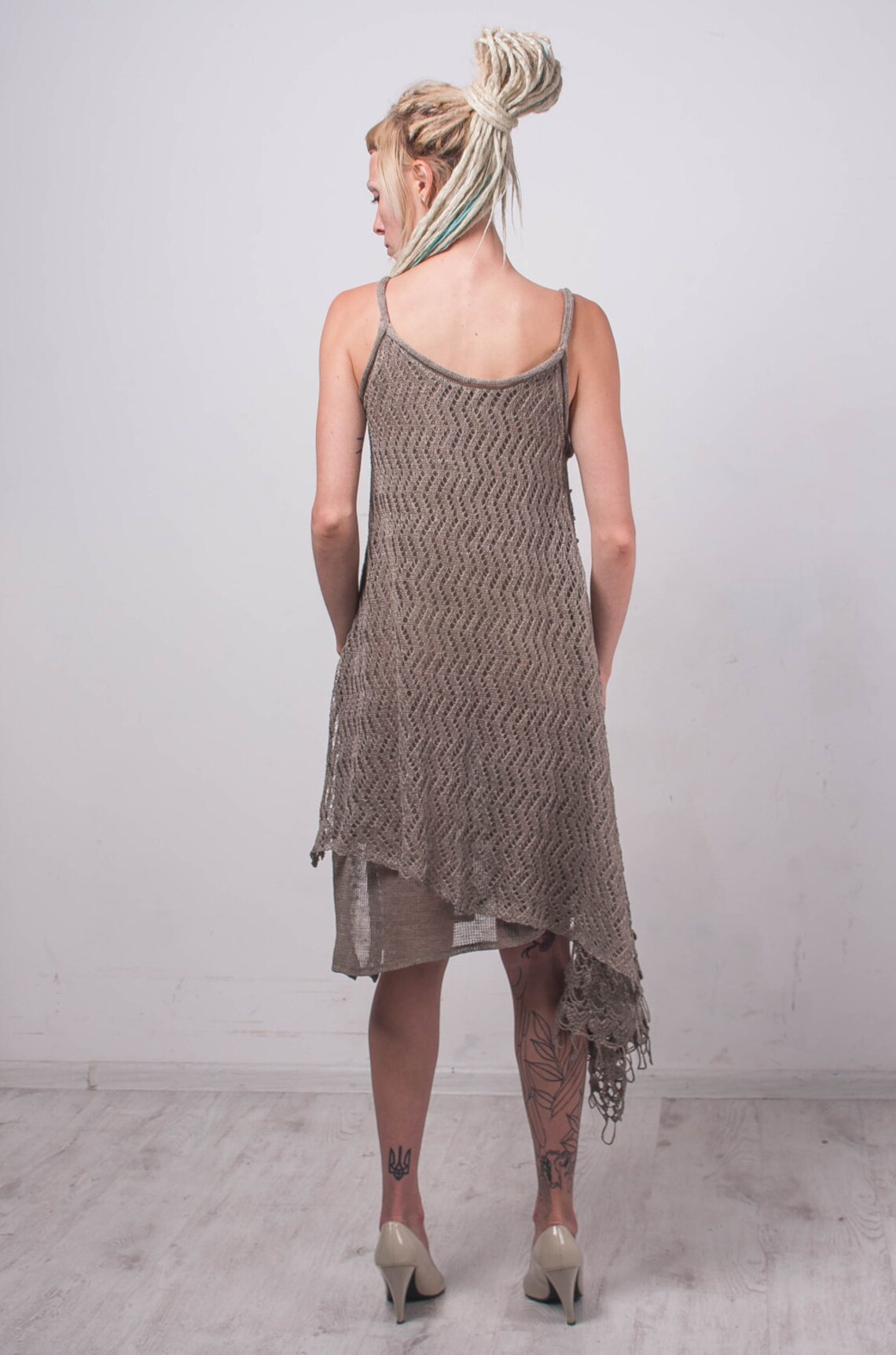 Crochet Ethnic Dress KNIT Grey Linen Tunic CROCHET Women Tunic Loose ...