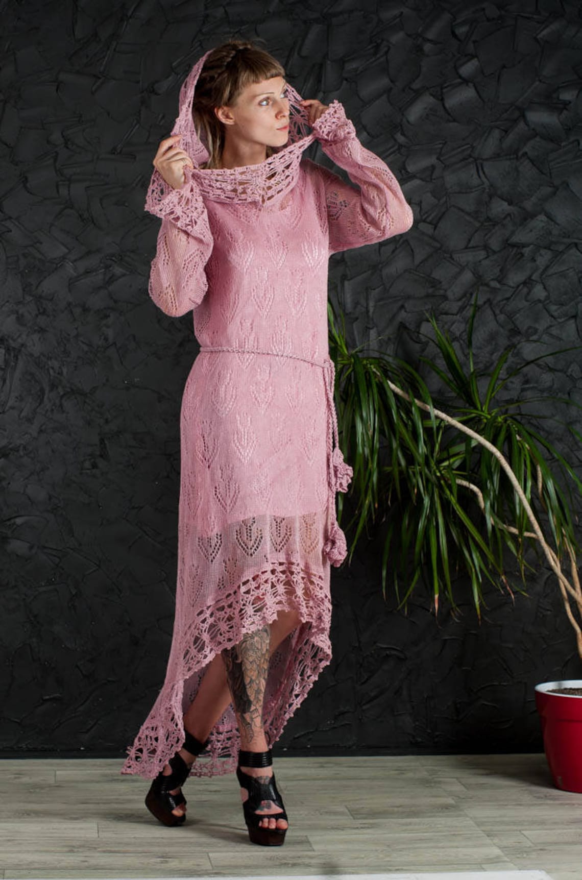 Crochet Pink Dress Lace Hoodie Dress Biggin Lacy Tunic CROCHET Etsy