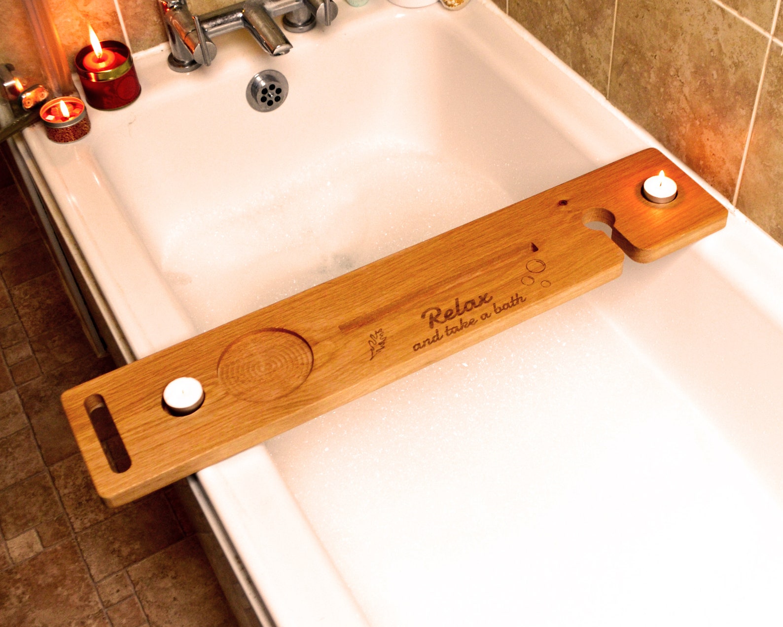 Bath Tray, Solid Oak, Bathtub Tray, Wine Glass Holder, Luxury Bath