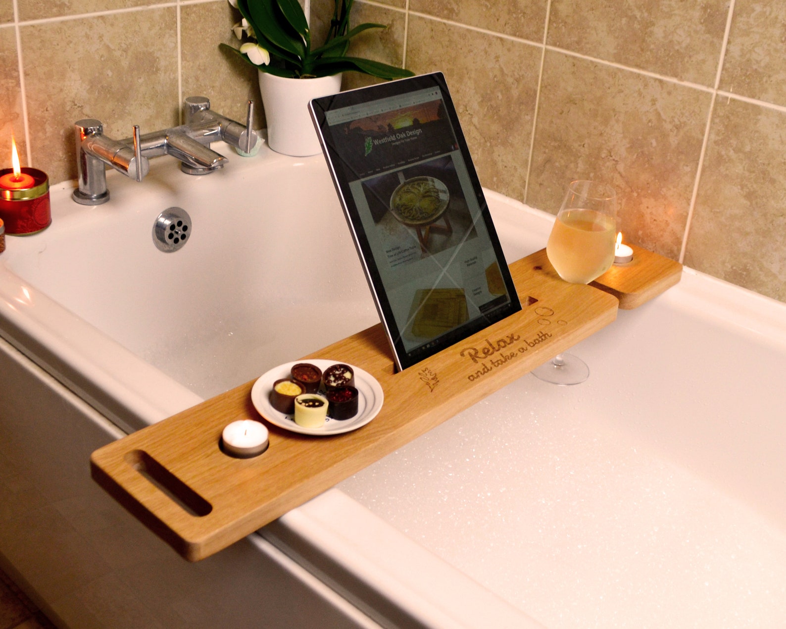 Bath Tray, Solid Oak, Bathtub Tray, Wine Glass Holder, Luxury Bath