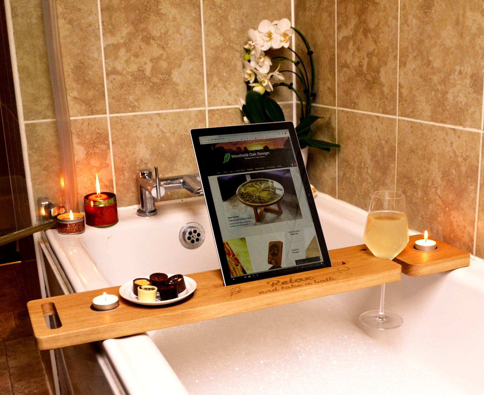 Bath Tray, Solid Oak, Bathtub Tray, Wine Glass Holder, Luxury Bath