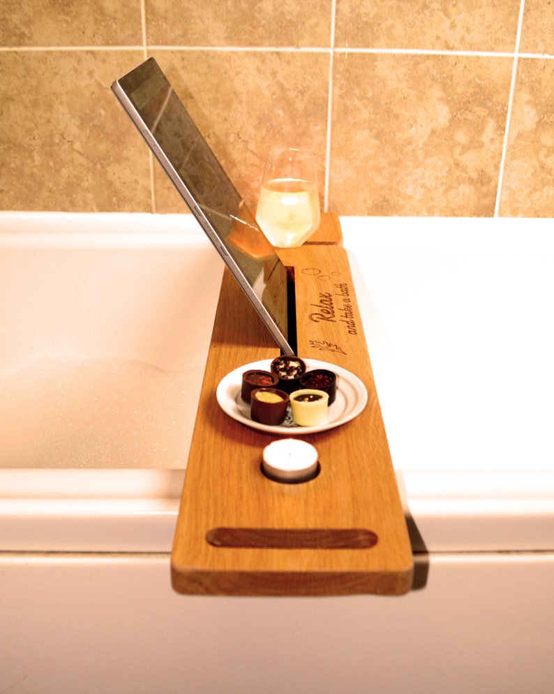 Bath Tray, Solid Oak, Bathtub Tray, Wine Glass Holder, Luxury Bath