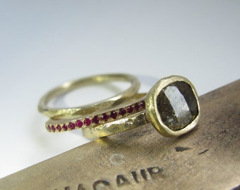 Raw Diamond Ring Set, 22K Gold Stacking Rings, Ruby Band, Unique Engagement Ring