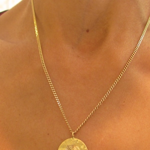 Gold necklace. Custom engraved tungsten fingerprint pendant. 14 karat yellow gold necklace with a coin pendant. Antique vintage look.